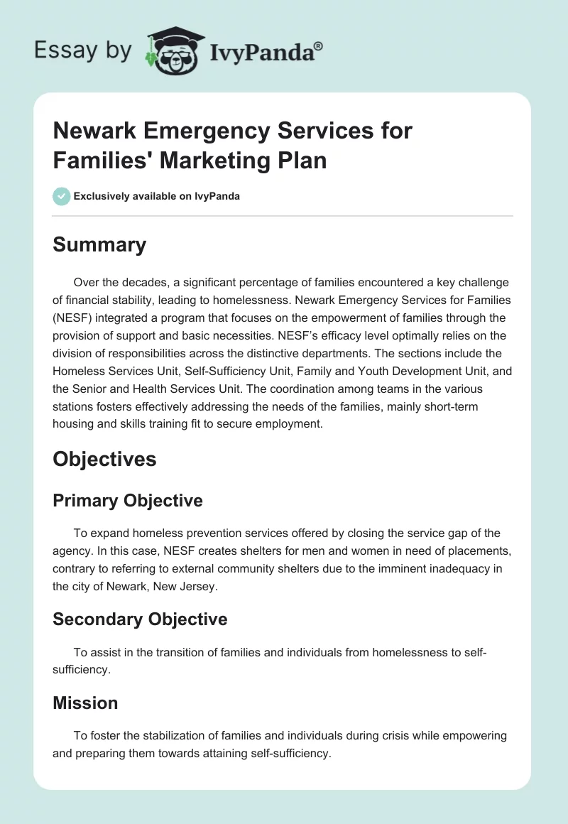 Newark Emergency Services for Families' Marketing Plan. Page 1