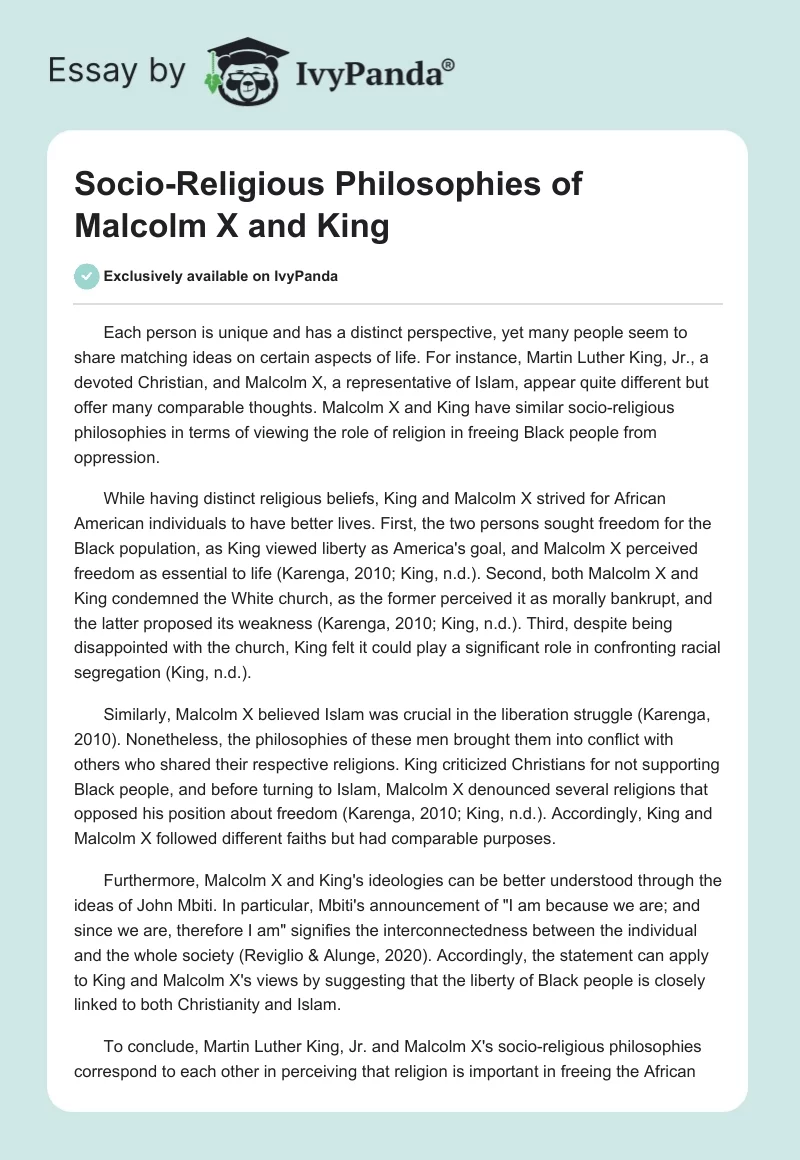 Socio-Religious Philosophies of Malcolm X and King. Page 1