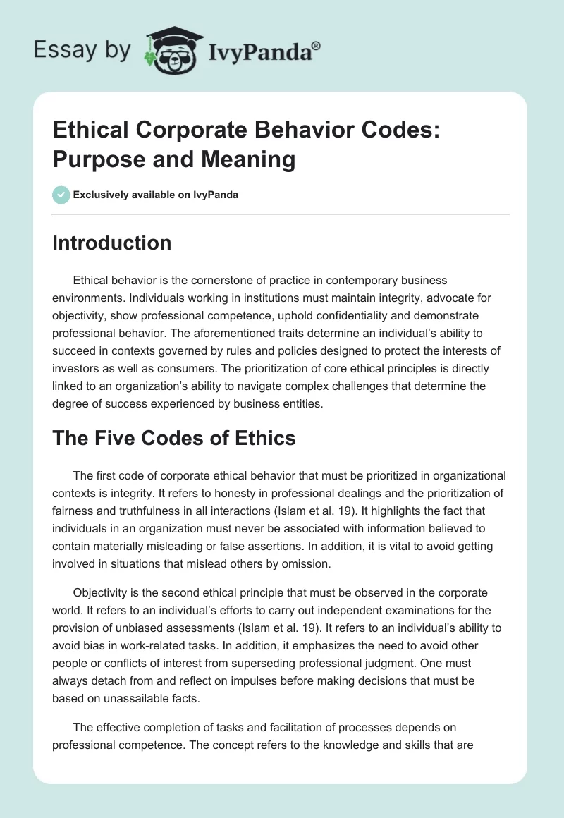 Ethical Corporate Behavior Codes: Purpose and Meaning. Page 1