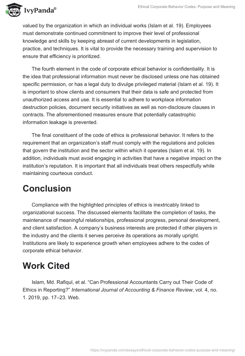 Ethical Corporate Behavior Codes: Purpose and Meaning. Page 2