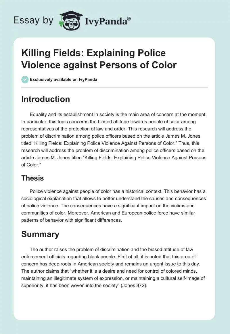 Killing Fields: Explaining Police Violence Against Persons of Color. Page 1