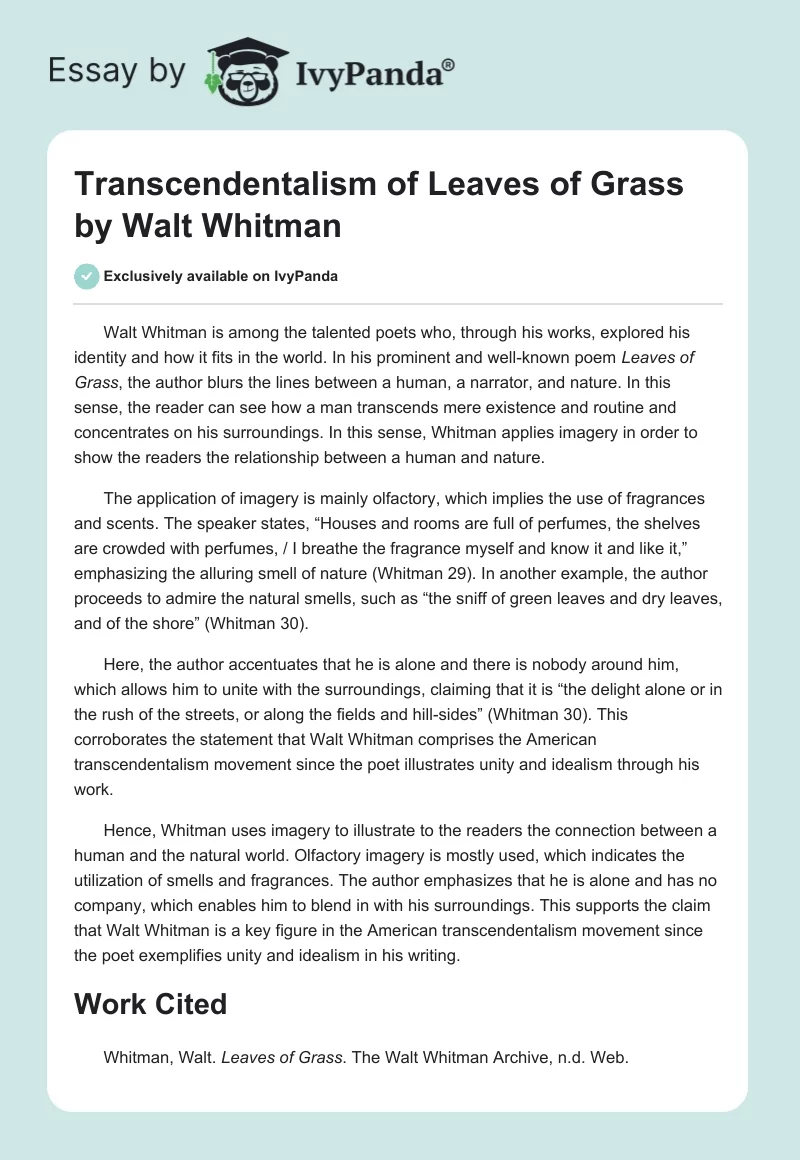 Transcendentalism of Leaves of Grass by Walt Whitman. Page 1