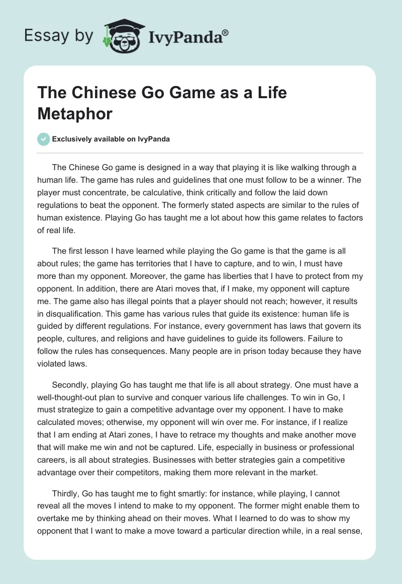 The Chinese Go Game as a Life Metaphor. Page 1