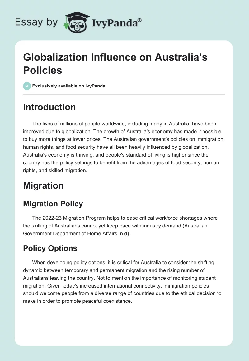 Globalization Influence on Australia’s Policies. Page 1