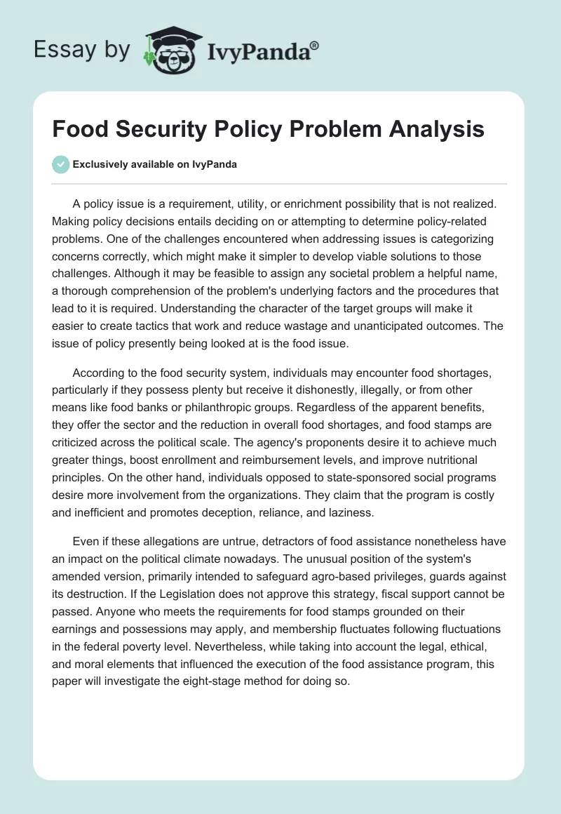 Food Security Policy Problem Analysis. Page 1