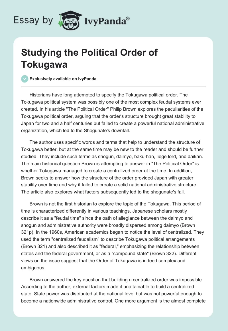 Studying the Political Order of Tokugawa. Page 1
