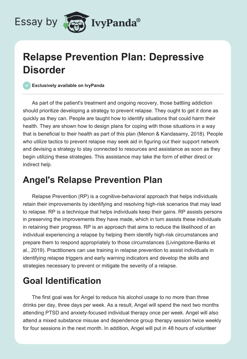 Relapse Prevention Plan: Depressive Disorder. Page 1