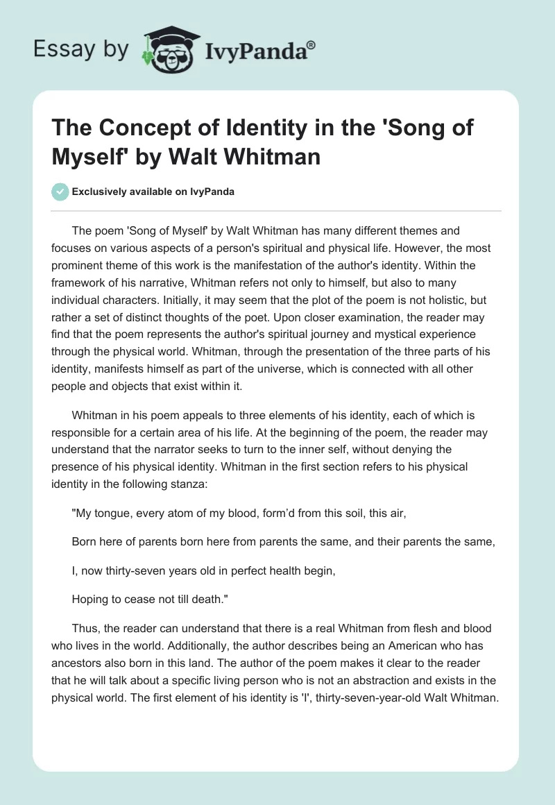 The Concept of Identity in the 'Song of Myself' by Walt Whitman. Page 1