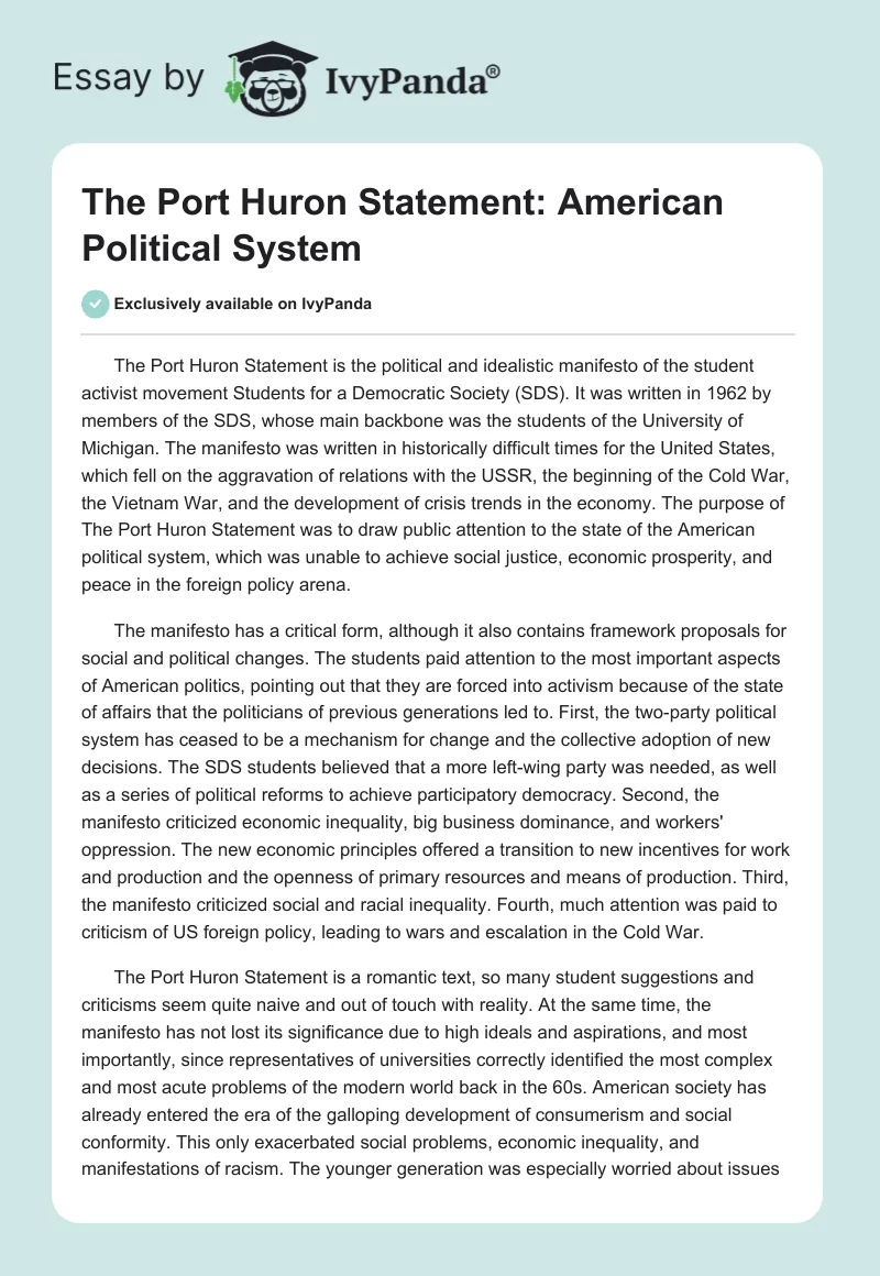 The Port Huron Statement: American Political System. Page 1
