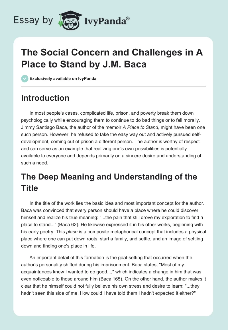 The Social Concern and Challenges in A Place to Stand by J.M. Baca. Page 1