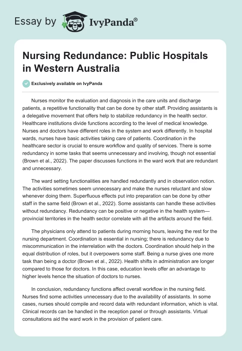 Nursing Redundance: Public Hospitals in Western Australia. Page 1