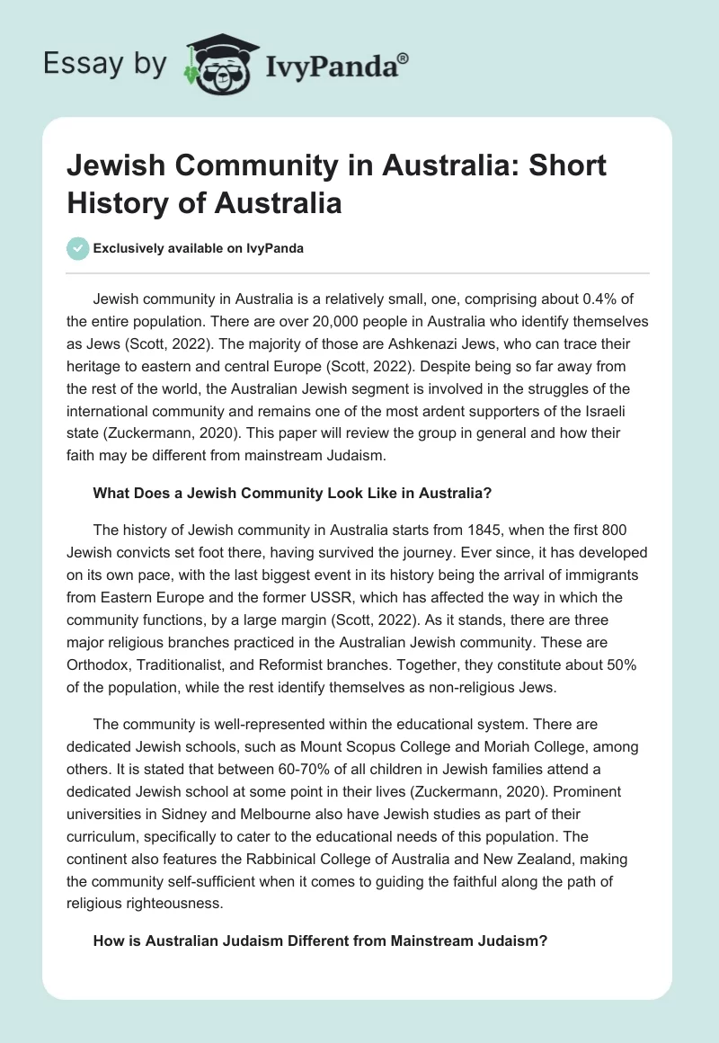 Jewish Community in Australia: Short History of Australia. Page 1