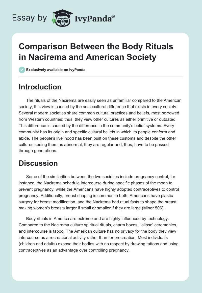 Comparison Between the Body Rituals in Nacirema and American Society. Page 1