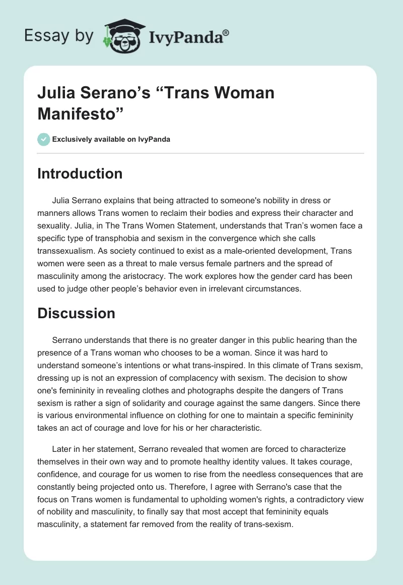 Julia Serano’s “Trans Woman Manifesto”. Page 1