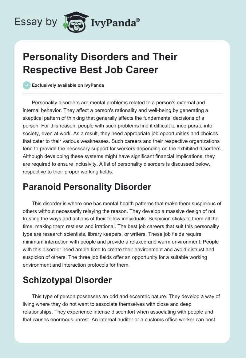Personality Disorders and Their Respective Best Job Career. Page 1