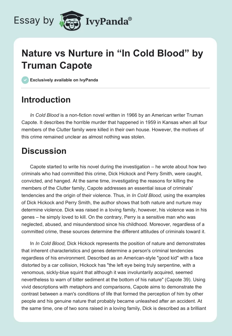 Nature vs. Nurture: “In Cold Blood” by Truman Capote. Page 1