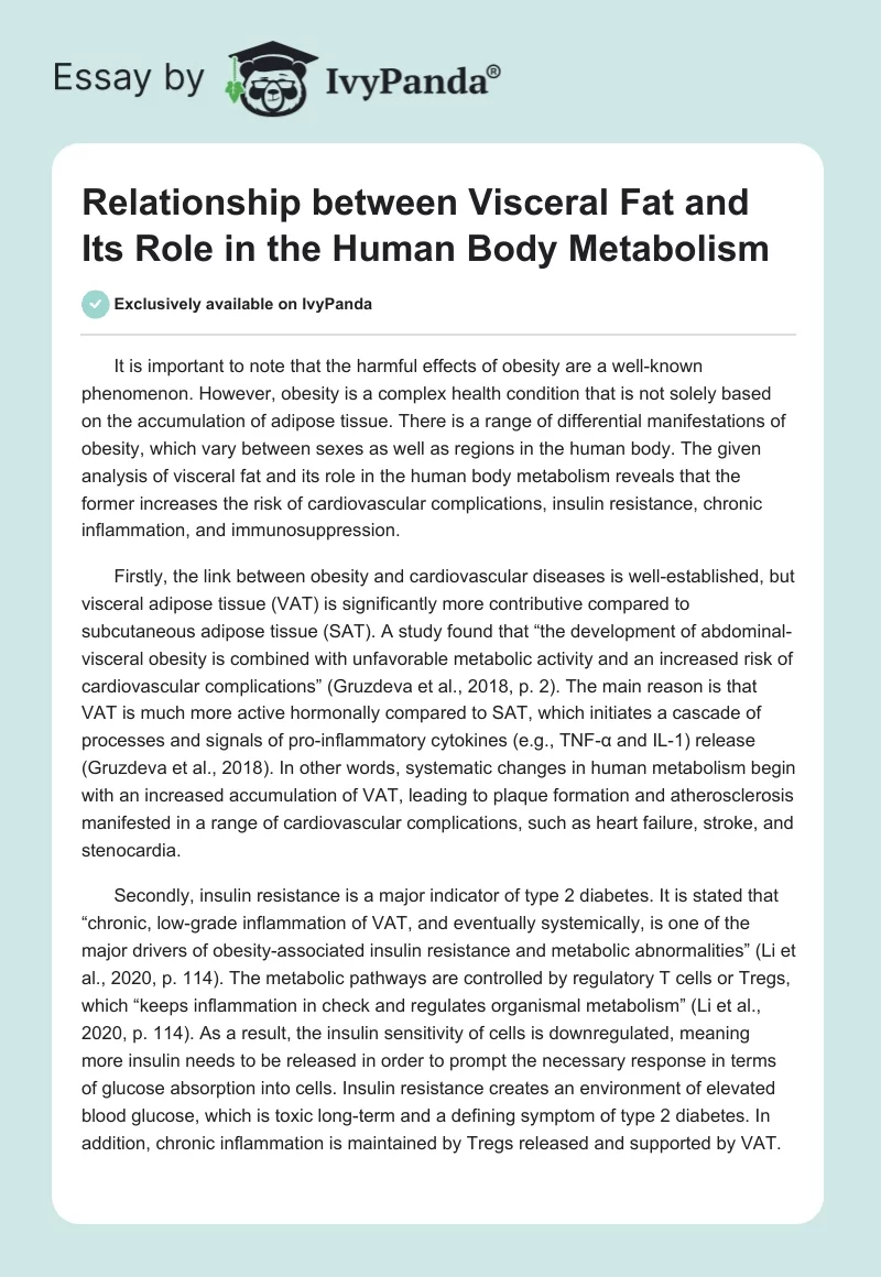 Relationship Between Visceral Fat and Its Role in the Human Body Metabolism. Page 1