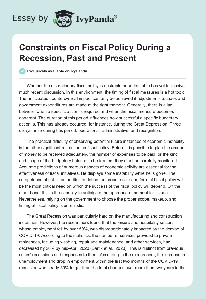 Constraints on Fiscal Policy During a Recession, Past and Present. Page 1