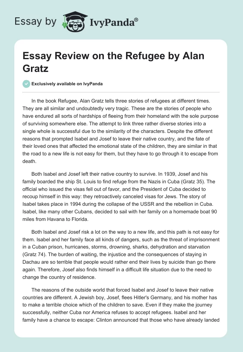 Essay Review on the Refugee by Alan Gratz. Page 1