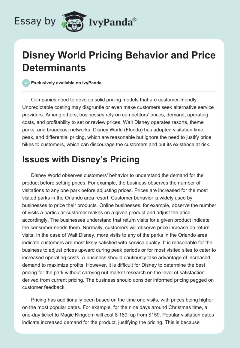 Disney World Pricing Behavior and Price Determinants. Page 1