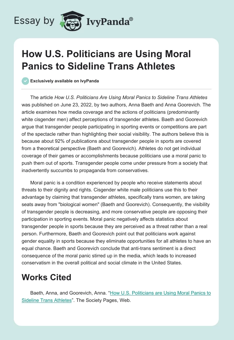 How U.S. Politicians are Using Moral Panics to Sideline Trans Athletes. Page 1