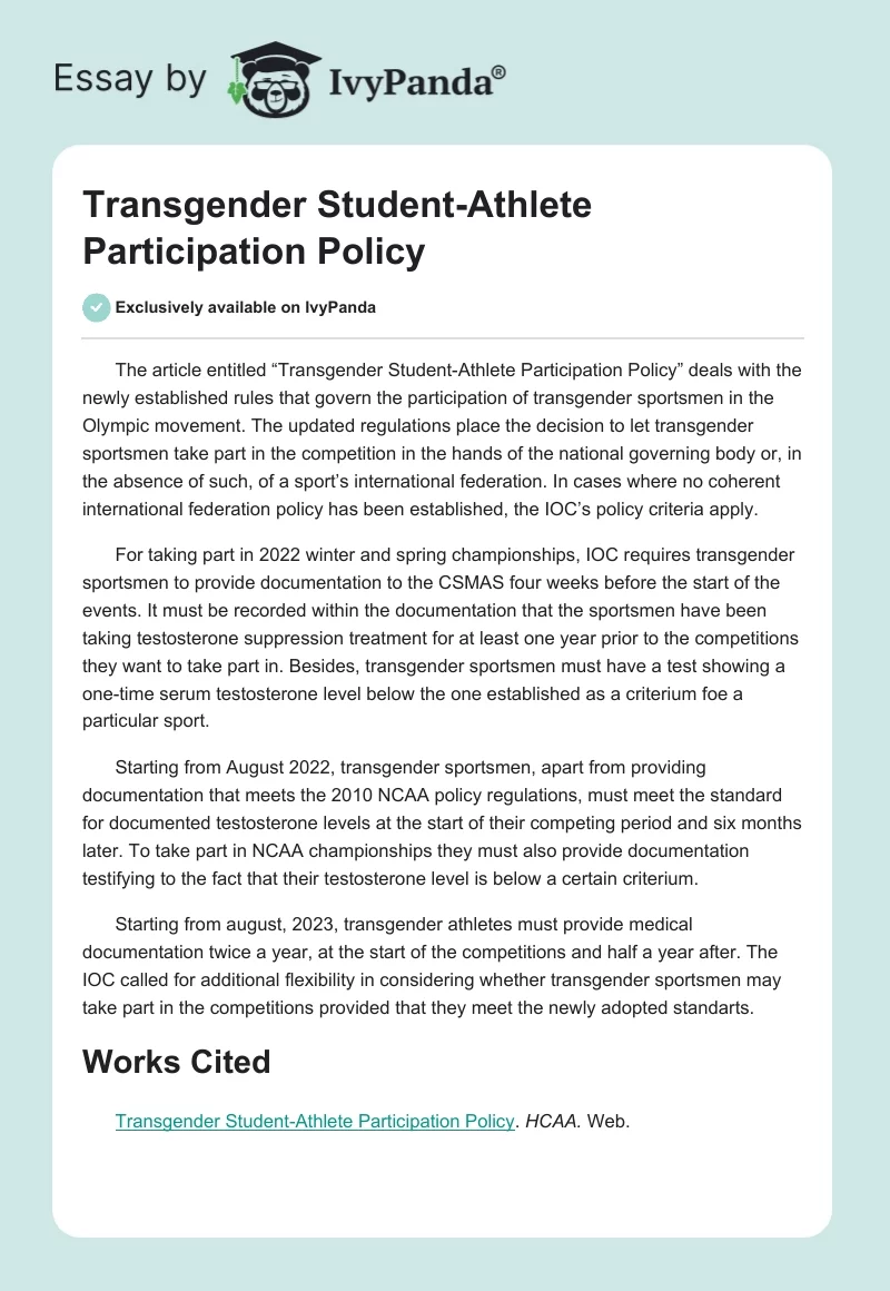Transgender Student-Athlete Participation Policy. Page 1