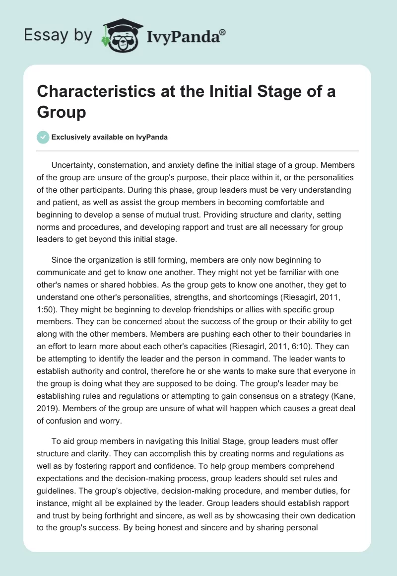 Characteristics at the Initial Stage of a Group. Page 1