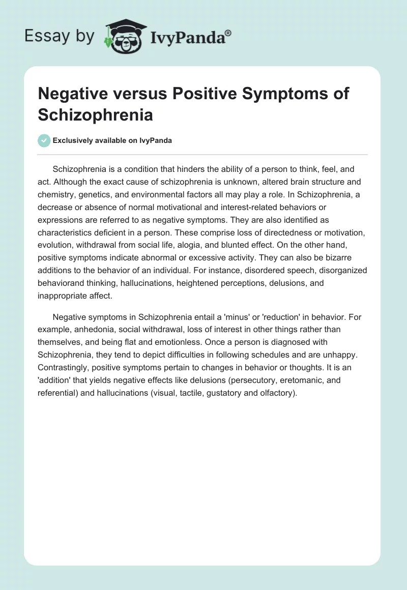Negative versus Positive Symptoms of Schizophrenia. Page 1