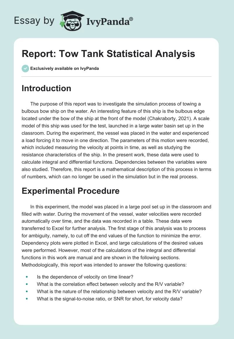 Report: Tow Tank Statistical Analysis. Page 1