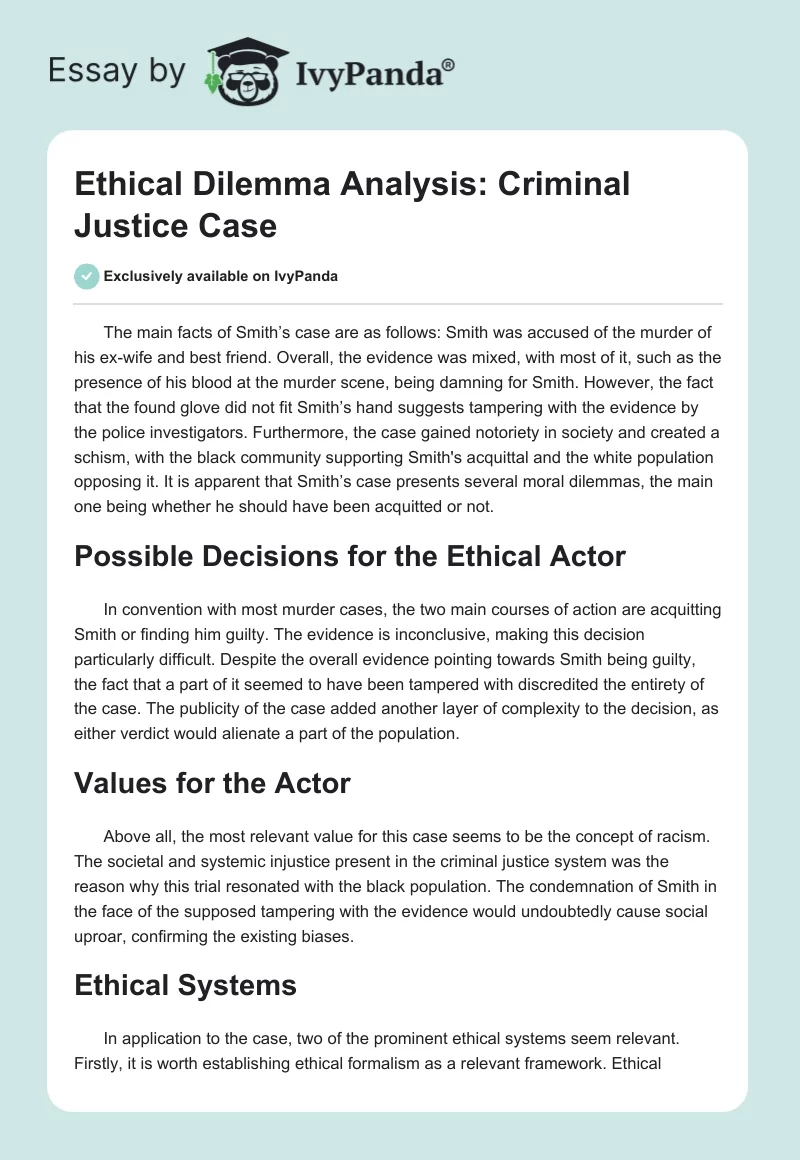 Ethical Dilemma Analysis: Criminal Justice Case. Page 1