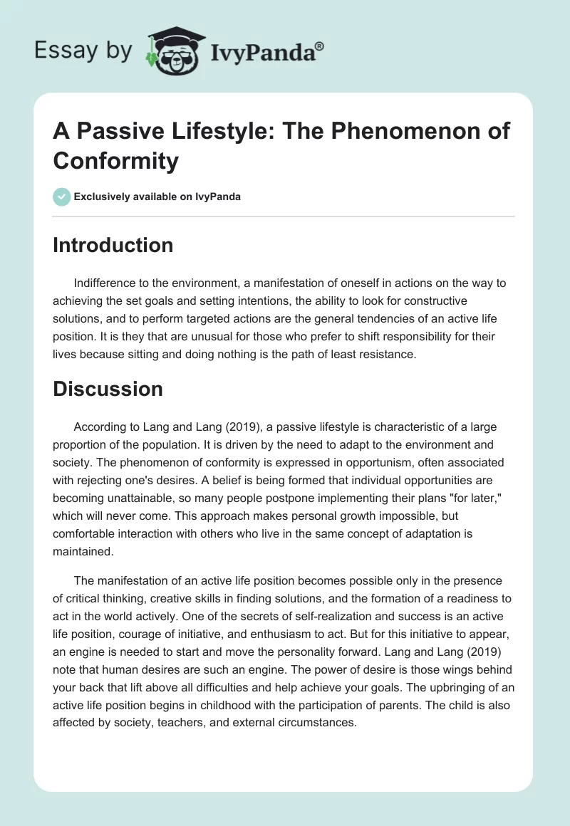 A Passive Lifestyle: The Phenomenon of Conformity. Page 1