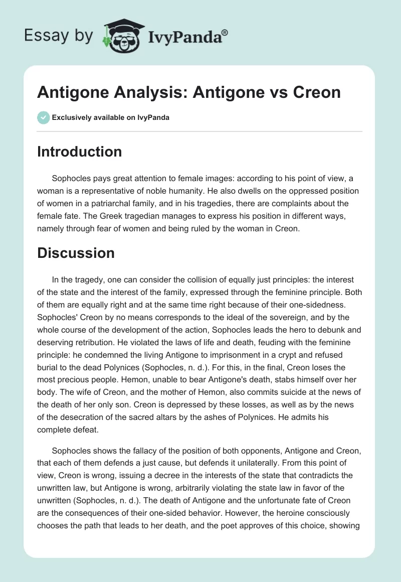 Antigone Analysis: Antigone vs. Creon. Page 1