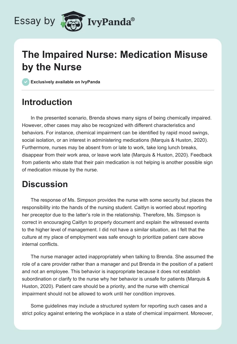 The Impaired Nurse: Medication Misuse by the Nurse. Page 1