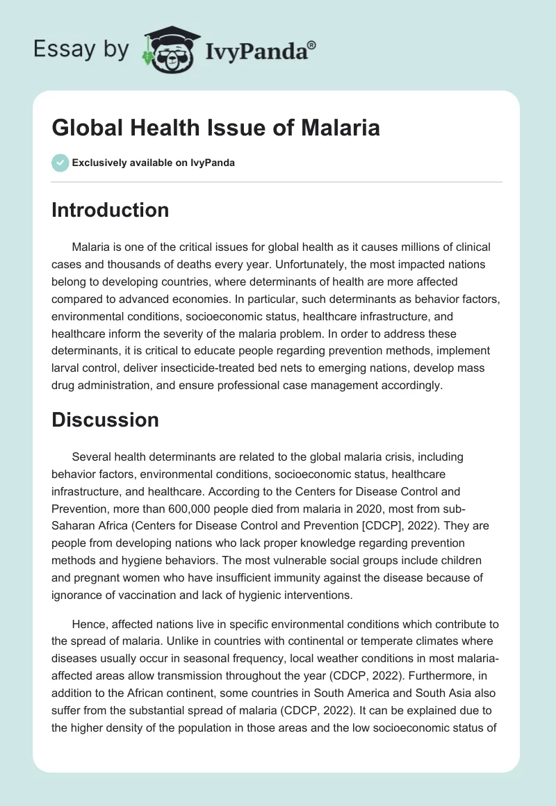 Global Health Issue of Malaria. Page 1