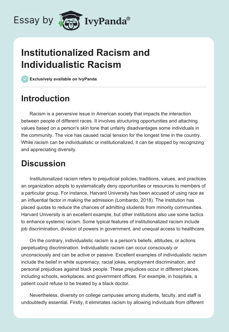 Institutionalized Racism and Individualistic Racism. Page 1