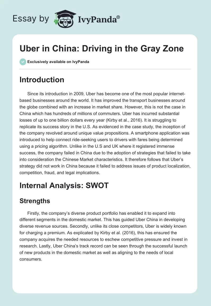 Uber in China: Driving in the Gray Zone. Page 1
