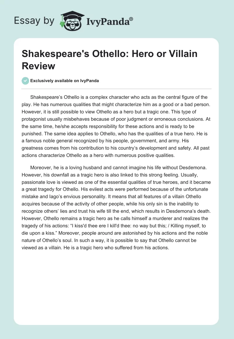 Shakespeare's Othello: Hero or Villain Review. Page 1