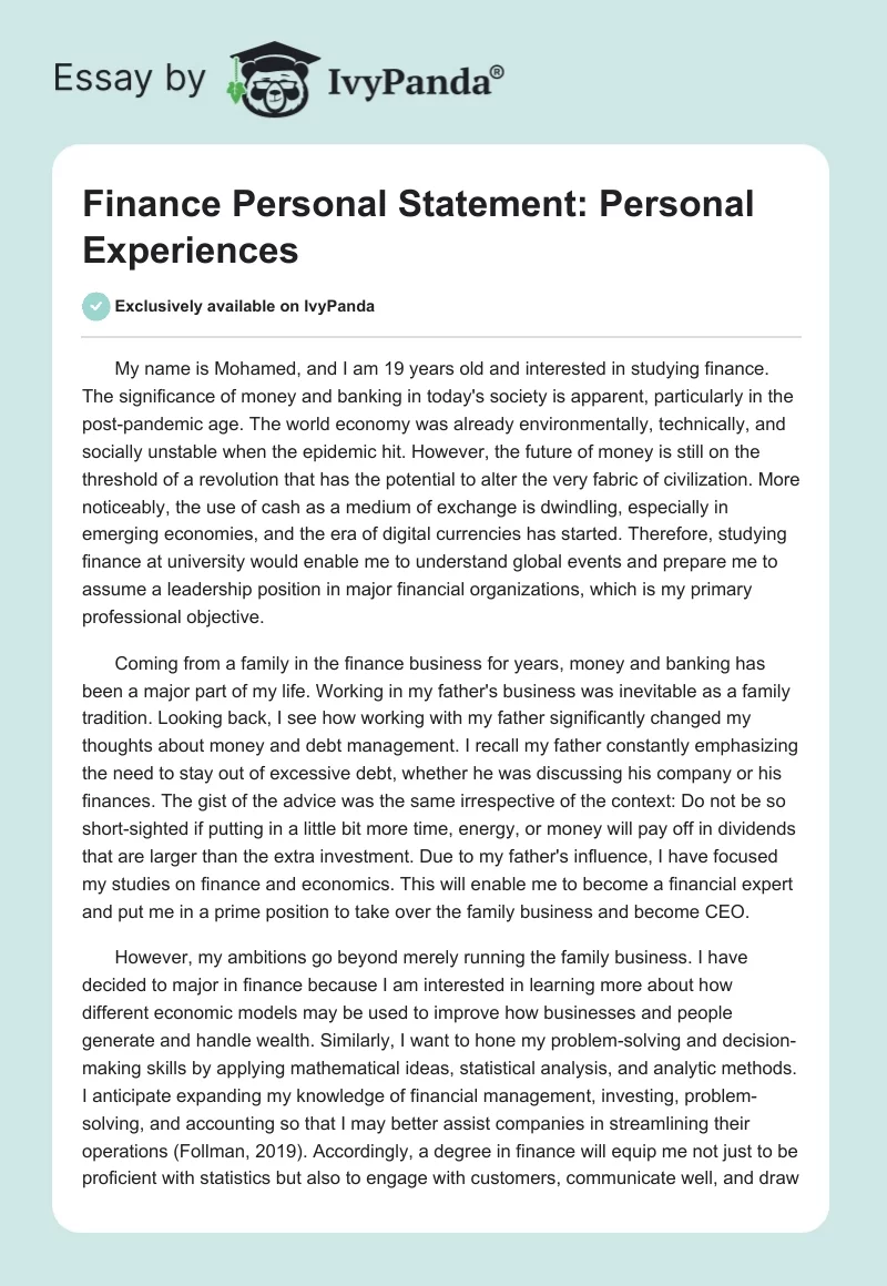 Finance Personal Statement: Personal Experiences. Page 1
