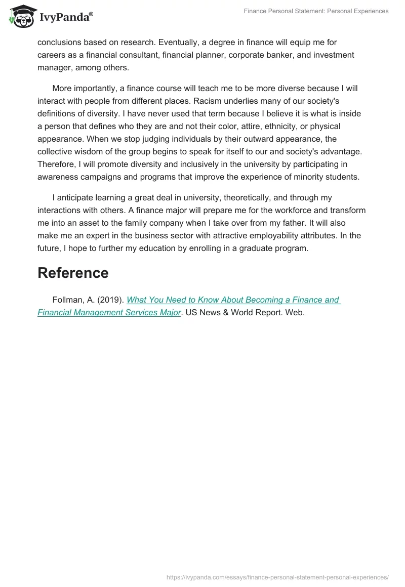 Finance Personal Statement: Personal Experiences. Page 2