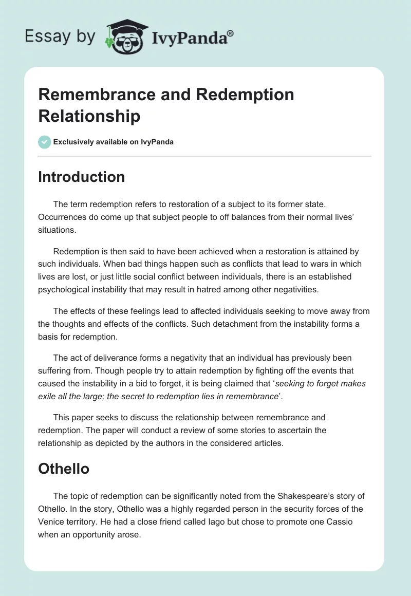 Remembrance and Redemption Relationship. Page 1