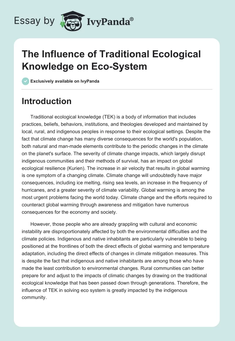 The Influence of Traditional Ecological Knowledge on Eco-System. Page 1