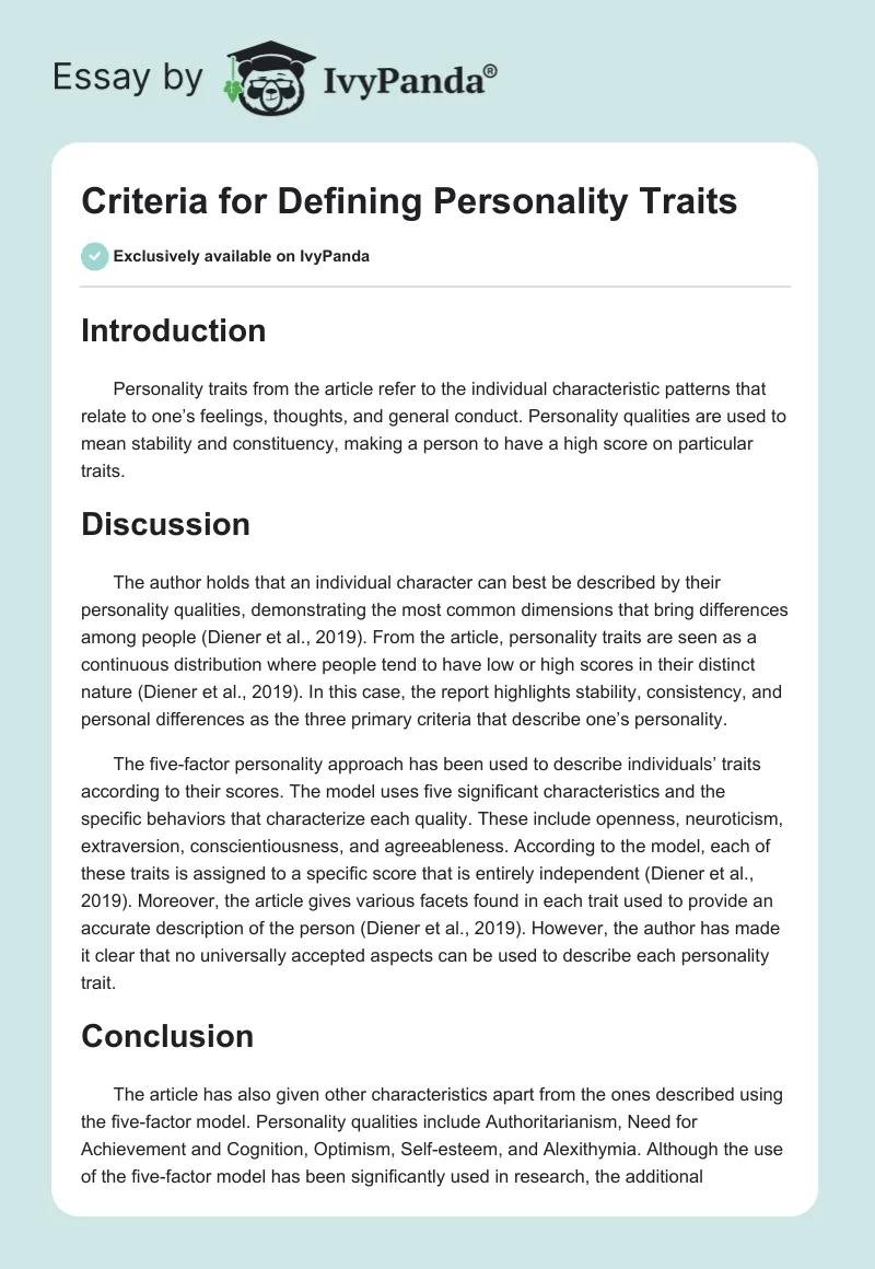 Criteria for Defining Personality Traits. Page 1