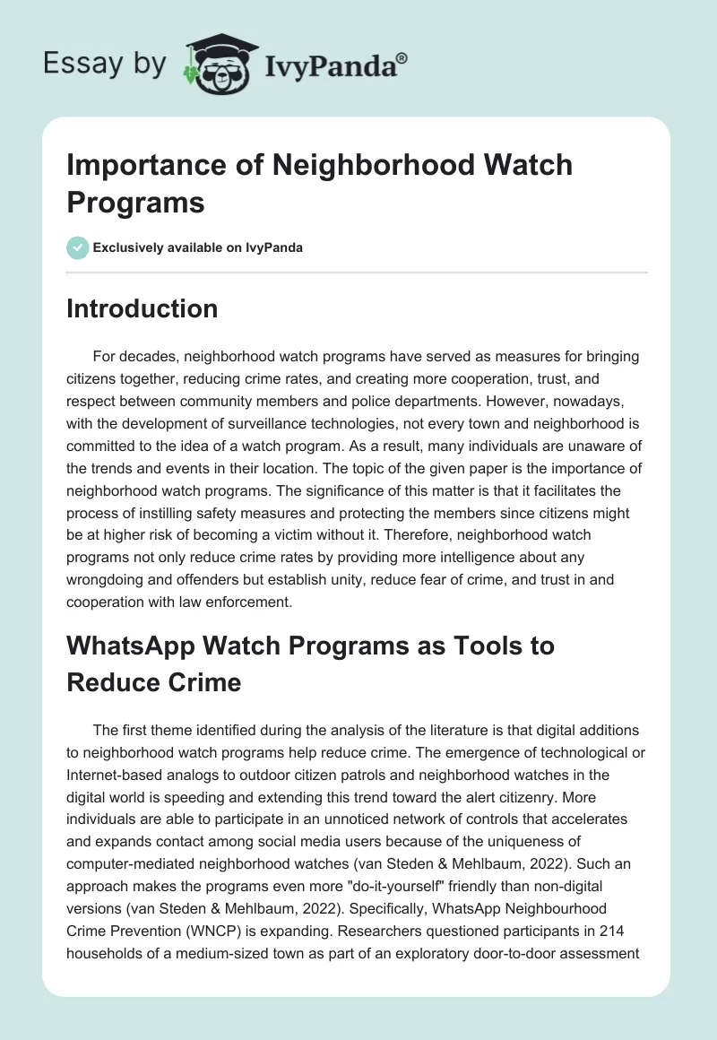 Importance of Neighborhood Watch Programs. Page 1