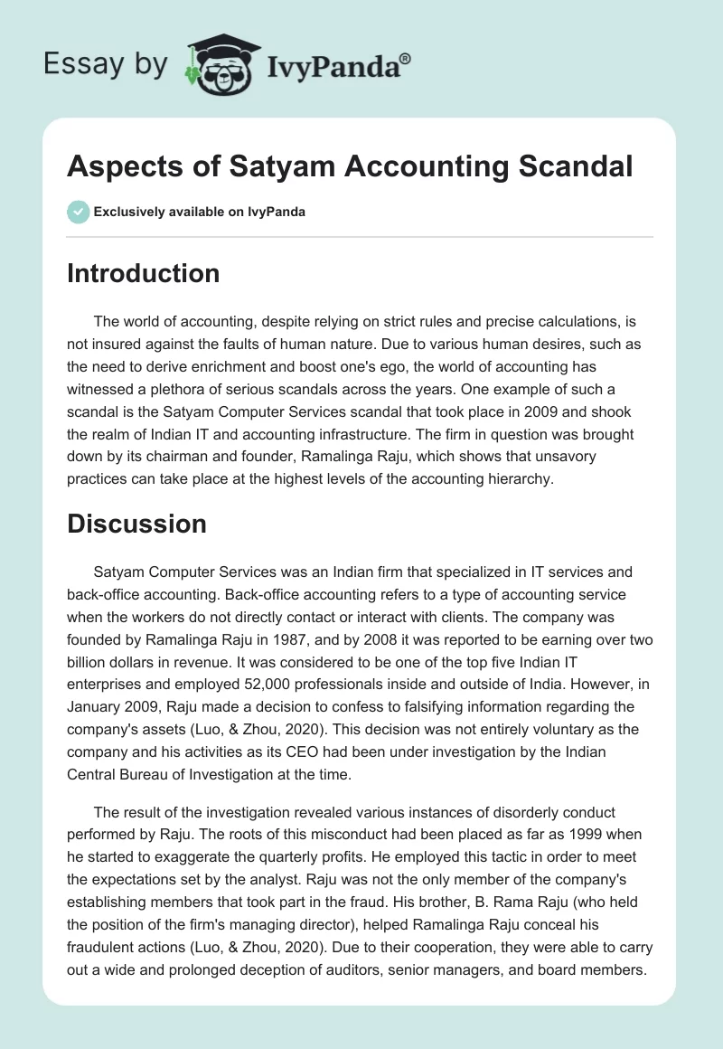 Aspects of Satyam Accounting Scandal. Page 1