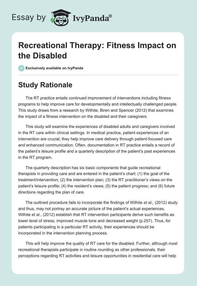 Recreational Therapy: Fitness Impact on the Disabled. Page 1