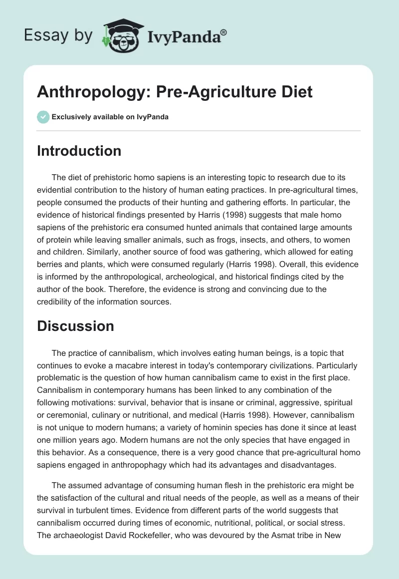 Anthropology: Pre-Agriculture Diet. Page 1