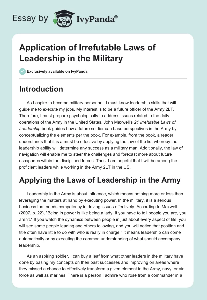 Application of Irrefutable Laws of Leadership in the Military. Page 1