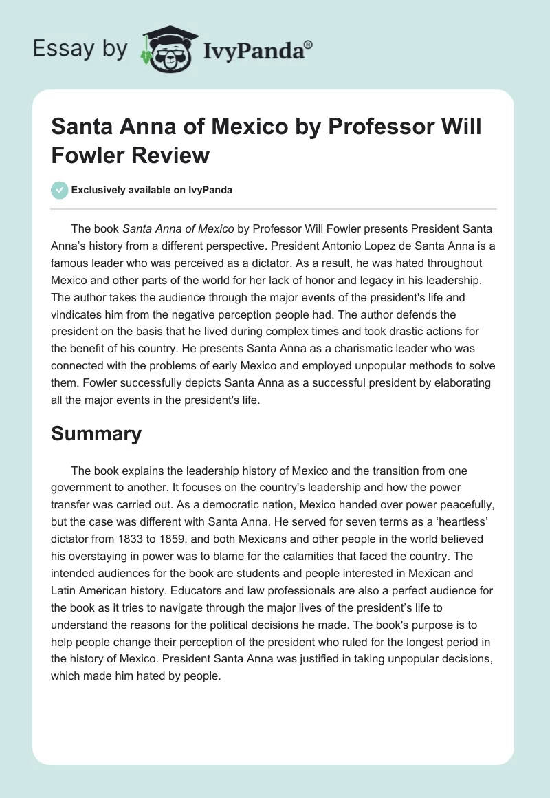 Santa Anna of Mexico by Professor Will Fowler Review. Page 1