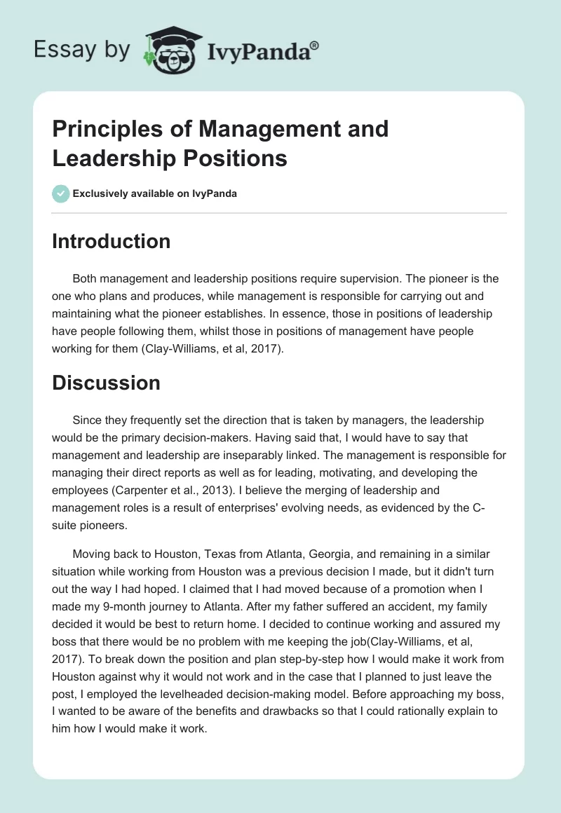 Principles of Management and Leadership Positions. Page 1