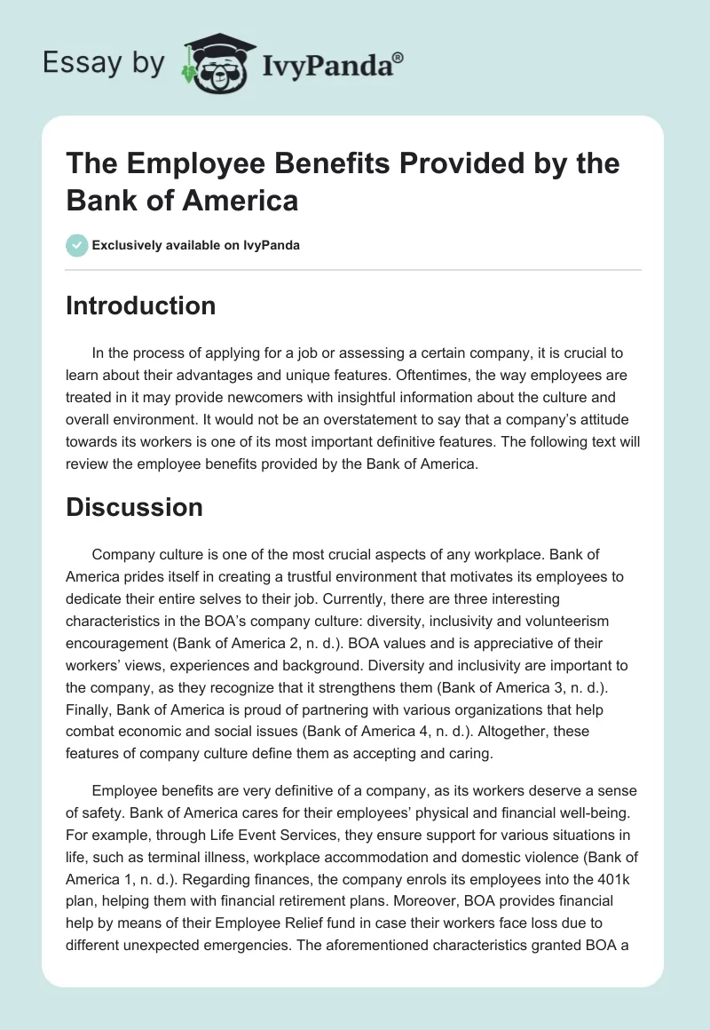 The Employee Benefits Provided by the Bank of America. Page 1